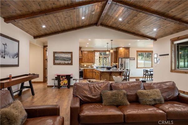 Dining room, Interior, Kitchen, Living room, Pendant Lights, Recessed Lighting, Stainless Steel Appliances, Wooden Beams, Wooden Ceilings, Wood Texture Flooring