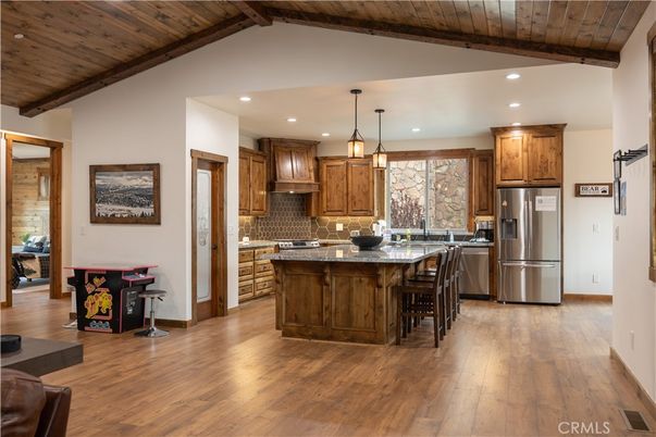 Interior, Kitchen, Pendant Lights, Recessed Lighting, Stainless Steel Appliances, Wooden Beams, Wooden Ceilings, Wood Texture Flooring