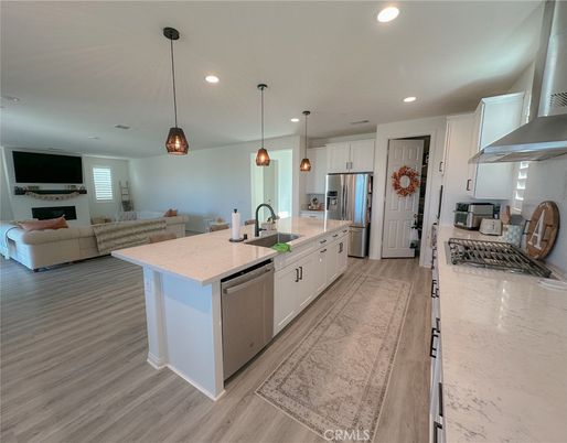 Interior, Kitchen, Living room, Pendant Lights, Recessed Lighting, Stainless Steel Appliances, Wood Texture Flooring
