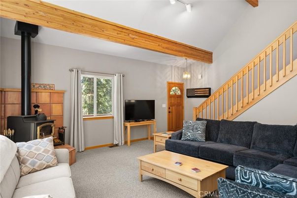 Fireplace, Interior, Living room, Pendant Lights, Wooden Beams