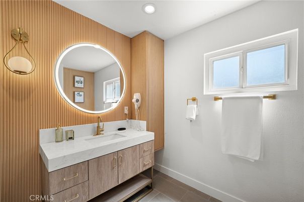Bathroom, Dual Sink Vanities, Interior, Recessed Lighting, Wooden Walls