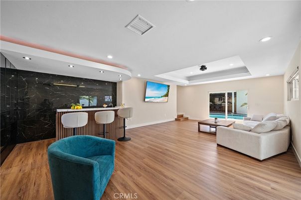 Interior, Living room, Marble Walls, Recessed Lighting, Wood Texture Flooring