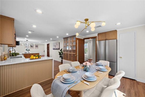 Dining room, Interior, Kitchen, Recessed Lighting, Stainless Steel Appliances, Wood Texture Flooring