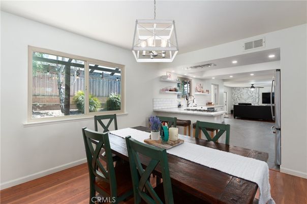 Dining room, Interior, Pendant Lights, Recessed Lighting, Wood Texture Flooring