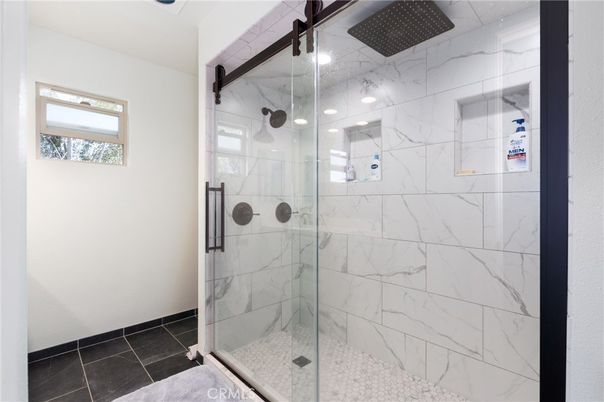 Bathroom, Glass Shower, Interior, Marble Walls, Recessed Lighting