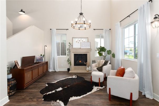 Chandelier, Fireplace, Interior, Living room, Pendant Lights, Wood Texture Flooring