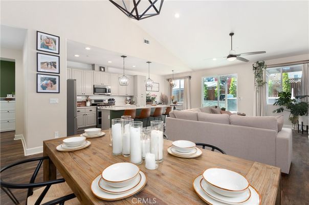 Dining room, Interior, Kitchen, Living room, Pendant Lights, Recessed Lighting, Stainless Steel Appliances, Wood Texture Flooring