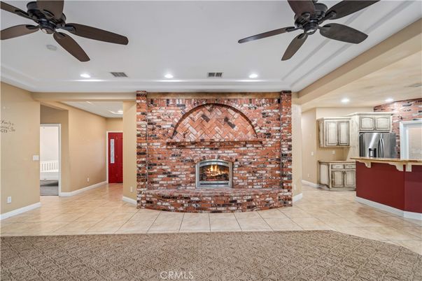 Fireplace, Interior, Kitchen, Recessed Lighting, Stone Walls