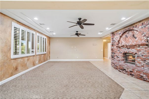Empty room, Fireplace, Interior, Recessed Lighting, Stone Walls