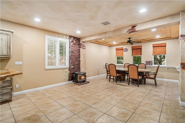 Dining room, Fireplace, Interior, Recessed Lighting, Stone Walls