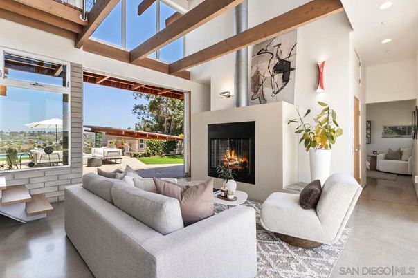 Fireplace, Interior, Living room, Recessed Lighting, Wooden Beams