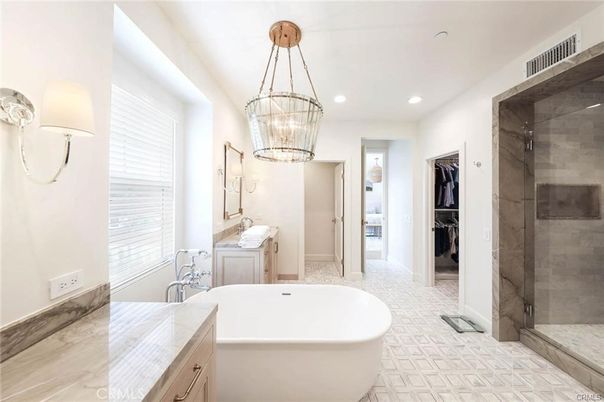 Bathroom, Dual Sink Vanities, Free Standing Baths, Glass Shower, Interior, Pendant Lights, Recessed Lighting