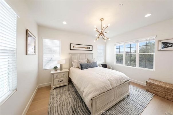 Bedroom, Interior, Pendant Lights, Recessed Lighting, Wood Texture Flooring