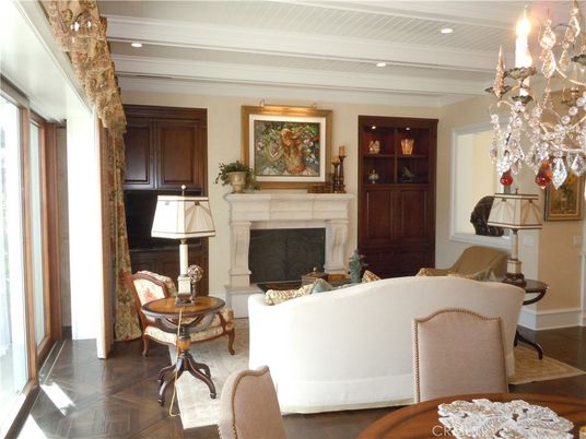 Chandelier, Fireplace, Interior, Living room, Recessed Lighting, Wood Texture Flooring