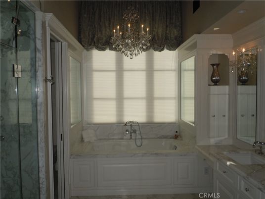 Bathroom, Chandelier, Glass Shower, Interior, Marble Walls, Recessed Lighting