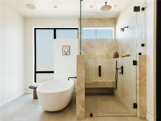 Bathroom, Free Standing Baths, Glass Shower, Interior, Recessed Lighting