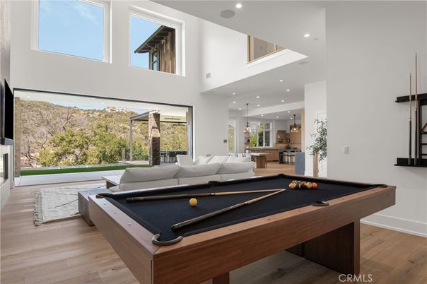 Billiard Table, Game Room, Interior, Pendant Lights, Recessed Lighting, Wood Texture Flooring