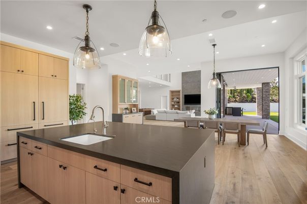 Dining room, Fireplace, Interior, Kitchen, Living room, Pendant Lights, Recessed Lighting, Wood Texture Flooring