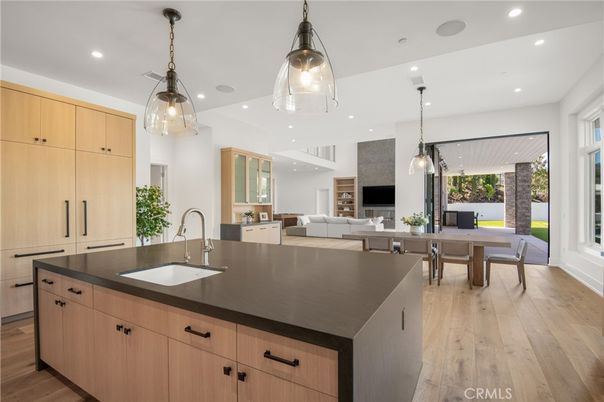 Dining room, Fireplace, Interior, Kitchen, Living room, Pendant Lights, Recessed Lighting, Wood Texture Flooring