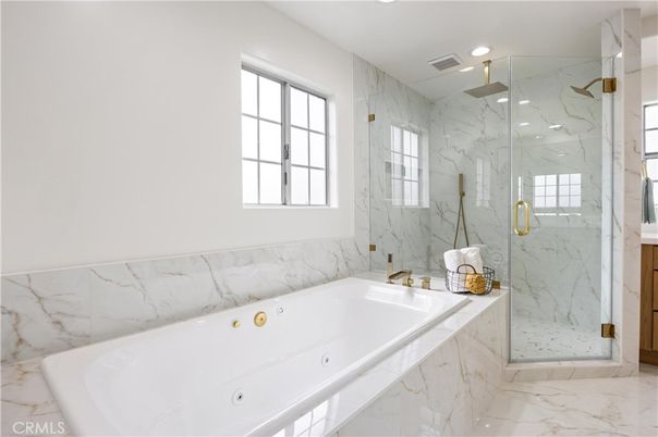 Bathroom, Glass Shower, Interior, Marble, Marble Walls, Recessed Lighting