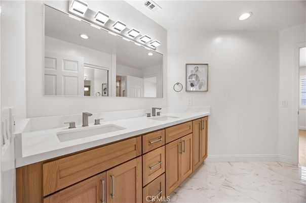 Bathroom, Dual Sink Vanities, Interior, Marble, Recessed Lighting