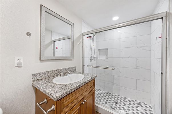 Bathroom, Glass Shower, Interior, Marble Walls, Recessed Lighting