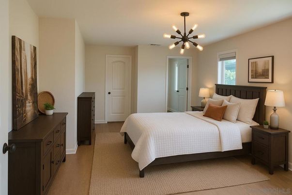 Bedroom, Interior, Pendant Lights, Wood Texture Flooring