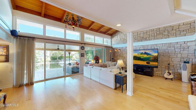 Fireplace, Interior, Living room, Recessed Lighting, Stone Walls, Wooden Beams, Wooden Ceilings, Wood Texture Flooring