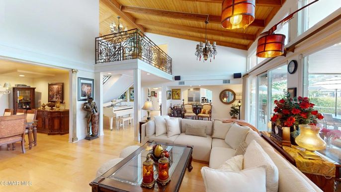 Chandelier, Dining room, Interior, Living room, Pendant Lights, Piano, Recessed Lighting, Wooden Beams, Wooden Ceilings, Wood Texture Flooring
