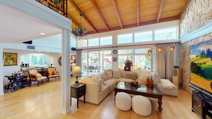 Chandelier, Interior, Living room, Recessed Lighting, Stone Walls, Wooden Beams, Wooden Ceilings, Wood Texture Flooring