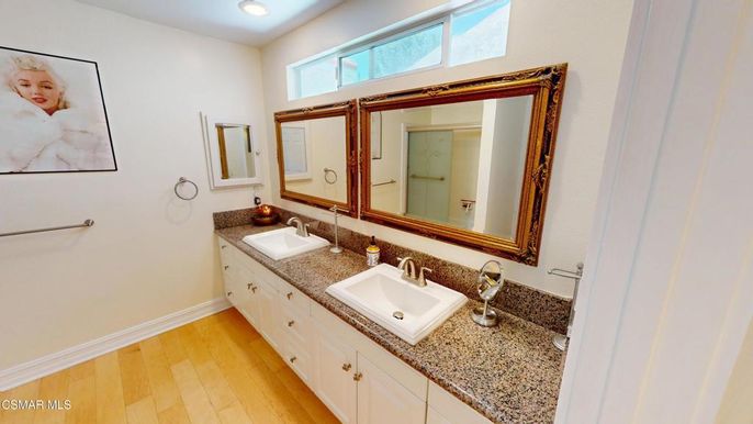 Bathroom, Dual Sink Vanities, Interior, Recessed Lighting, Wood Texture Flooring
