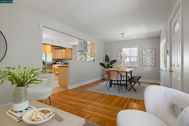 Dining room, Interior, Kitchen, Recessed Lighting, Stainless Steel Appliances, Wood Texture Flooring