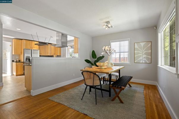 Dining room, Interior, Kitchen, Recessed Lighting, Stainless Steel Appliances, Wood Texture Flooring