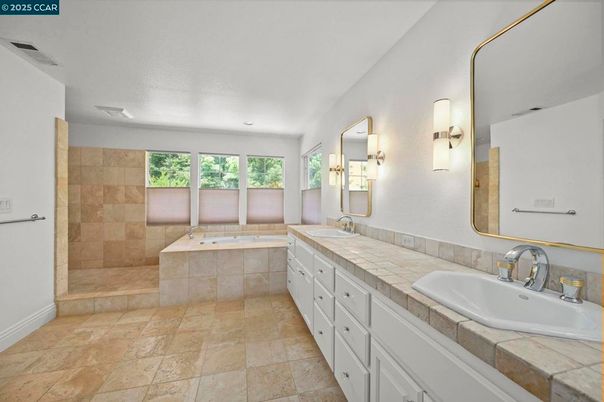 Bathroom, Dual Sink Vanities, Interior, Recessed Lighting, Tile Countertops
