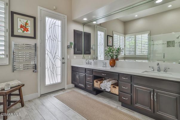 Bathroom, Dual Sink Vanities, Interior, Recessed Lighting, Wood Texture Flooring