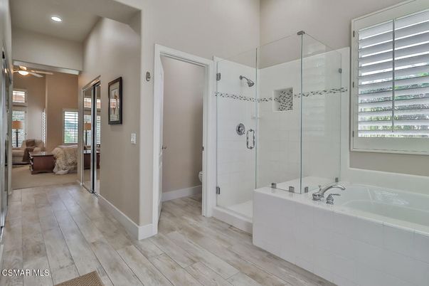 Bathroom, Glass Shower, Interior, Recessed Lighting, Wood Texture Flooring
