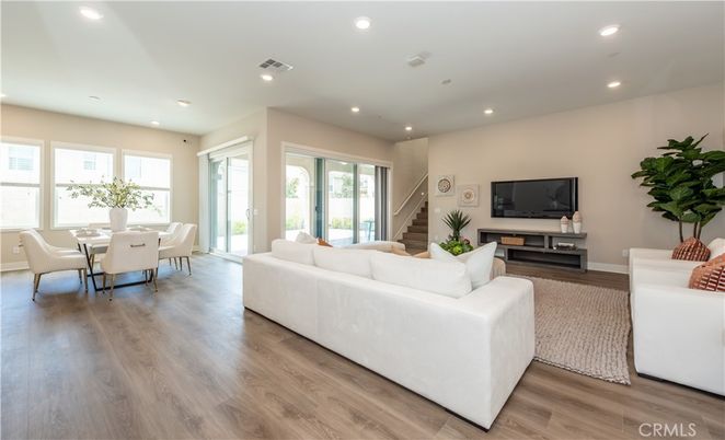 Dining room, Interior, Living room, Recessed Lighting, Wood Texture Flooring