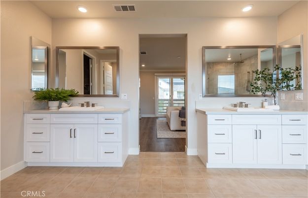 Bathroom, Dual Sink Vanities, Interior, Recessed Lighting, Wood Texture Flooring