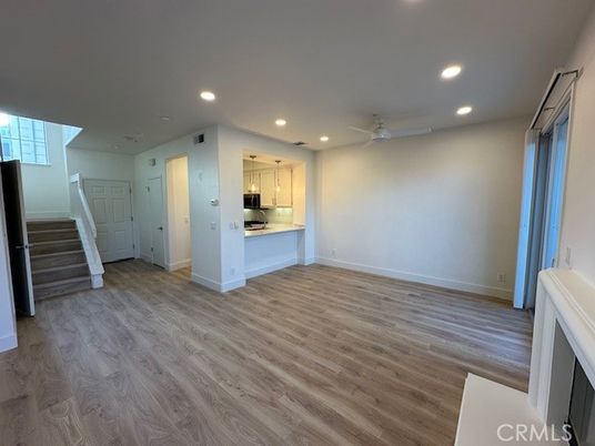 Empty room, Interior, Kitchen, Recessed Lighting, Wood Texture Flooring