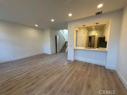 Empty room, Interior, Pendant Lights, Recessed Lighting, Wood Texture Flooring