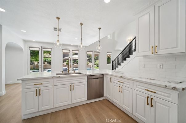 Interior, Kitchen, Pendant Lights, Recessed Lighting, Wood Texture Flooring