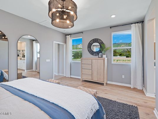 Bedroom, Interior, Pendant Lights, Recessed Lighting, Wood Texture Flooring