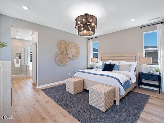 Bedroom, Interior, Pendant Lights, Recessed Lighting, Wood Texture Flooring