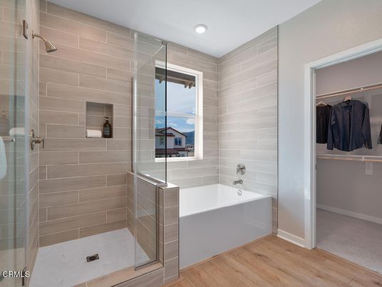Bathroom, Glass Shower, Interior, Recessed Lighting, Walk-in Closets, Wood Texture Flooring