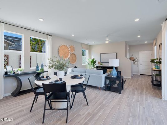 Dining room, Interior, Living room, Recessed Lighting, Wood Texture Flooring