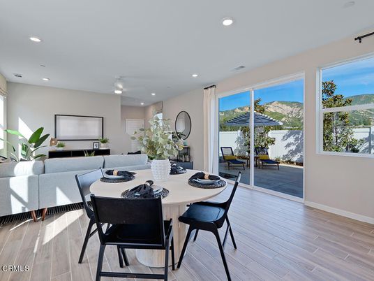 Dining room, Interior, Living room, Recessed Lighting, Wood Texture Flooring