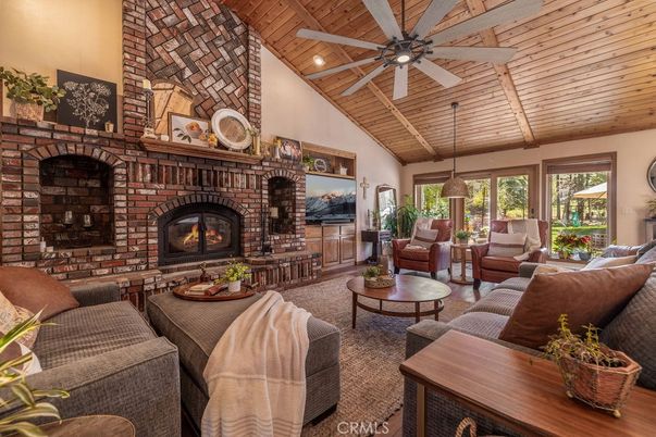 Dining room, Fireplace, Interior, Living room, Pendant Lights, Recessed Lighting, Stone Walls, Wooden Ceilings
