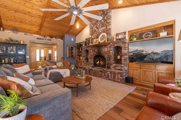 Fireplace, Interior, Living room, Recessed Lighting, Stone Walls, Wooden Beams, Wooden Ceilings, Wood Texture Flooring