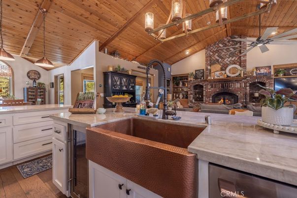 Fireplace, Interior, Kitchen, Living room, Pendant Lights, Stone Walls, Wooden Beams, Wooden Ceilings, Wood Texture Flooring