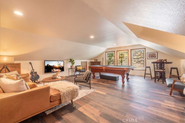 Billiard Table, Dining room, Game Room, Interior, Living room, Recessed Lighting, Wood Texture Flooring
